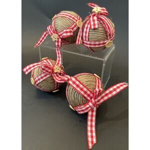 Set of 4 Round Jute and Gingham Red Ribbon Buttons Hanging Ornaments Holiday